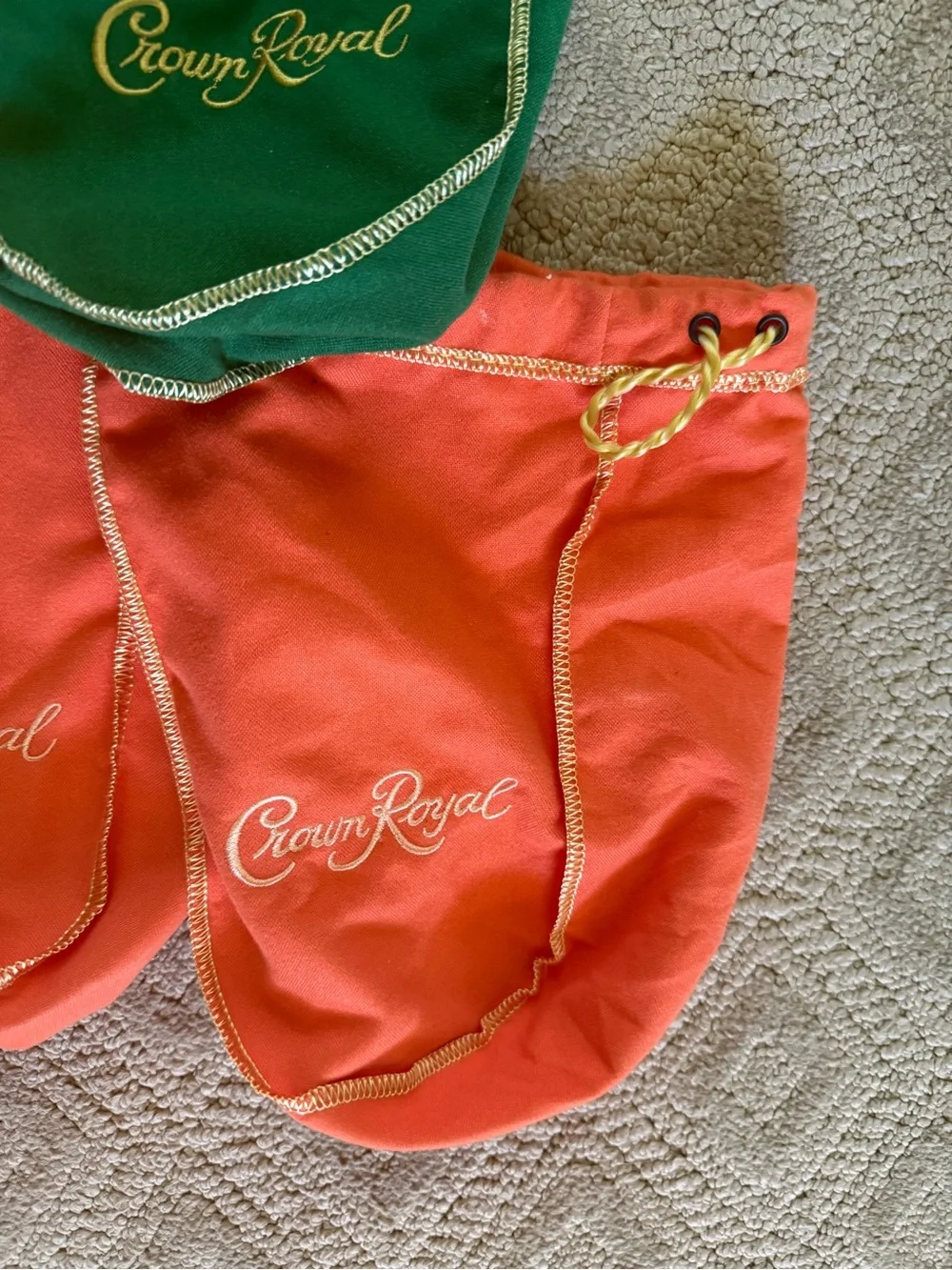 Crown Royal Drawstring Pouches - Green and Orange